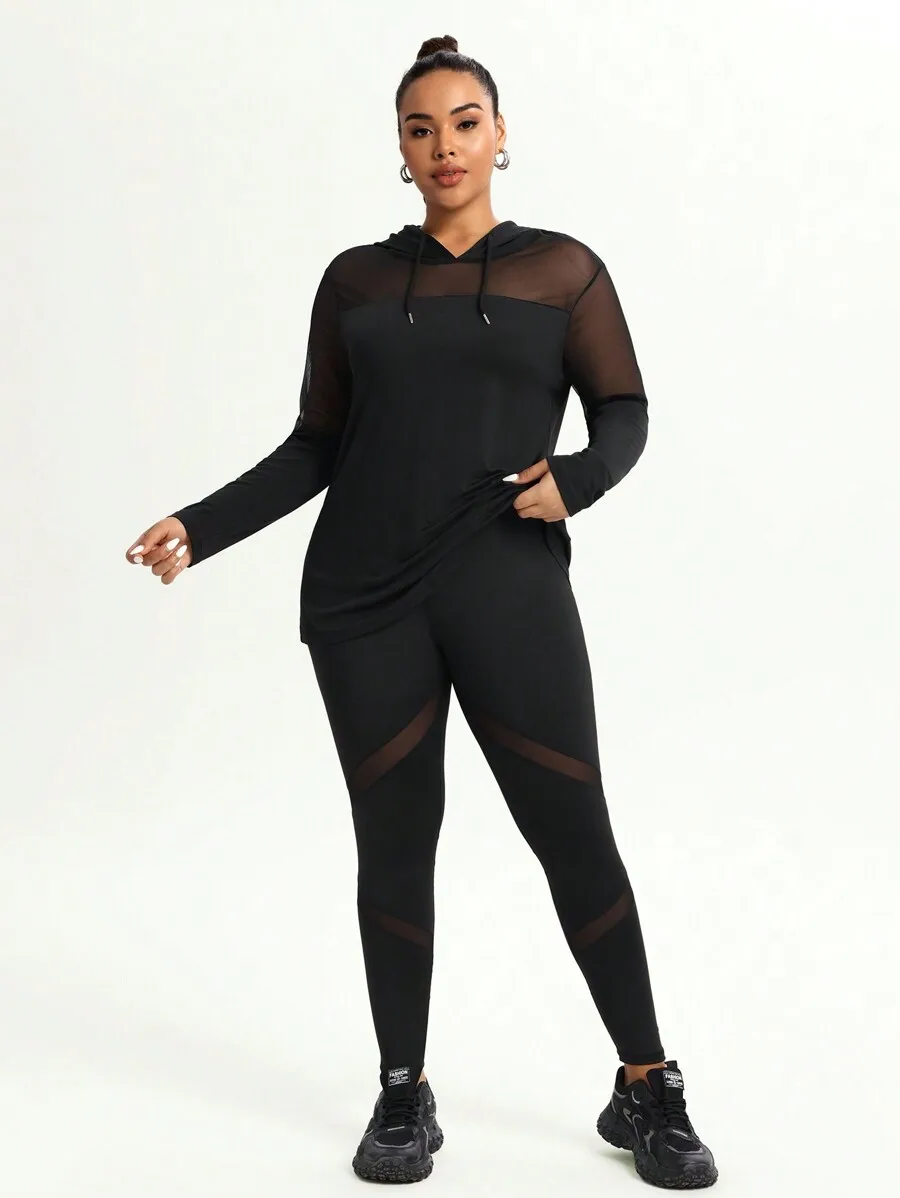 

Plus Size Mesh Splice Hooded Sheer Long Sleeve Top And Leggings Activewear Set