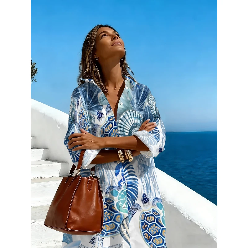 

Women's Casual Colorful Printed Design Long Sleeve Shirt Dress