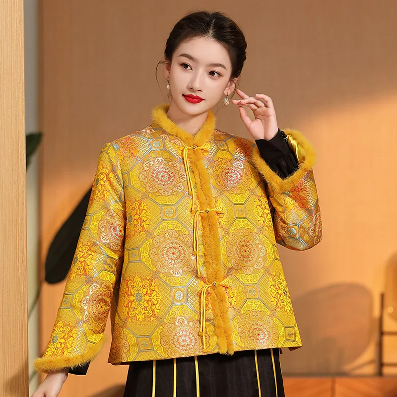 

2023 Winter New Women's Fashion Tassel Button Palace Jacquard Top Chinese Style Standing Collar Elegant Cotton Coat S-XXL