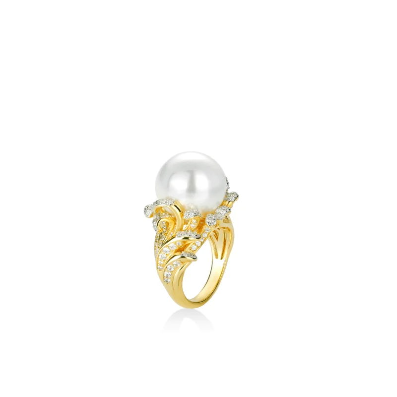 Bellux Anillo de lujo con pétalos ondulados y perlas blancas, circonita sintética chapada en oro y plata 925, diseño Original