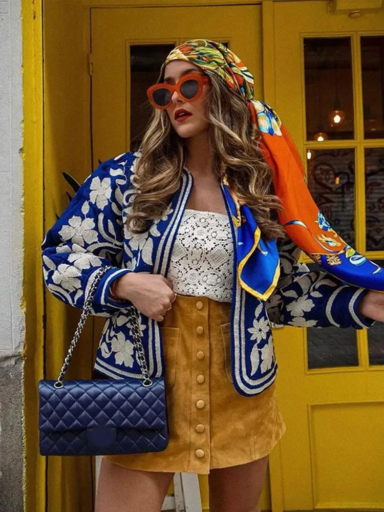 Women'S Retro Open Front Printed Embroidered Jacket Lightweight Casual Long Sleeve Autumn Street Fashion Cardigan