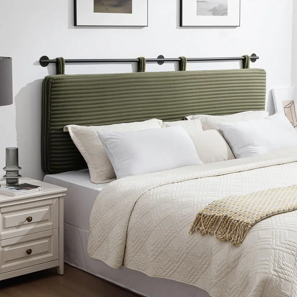 

Wall-Mounted Upholstered Queen Bed Board with Elegant Green Velvet Channel Design for Bedroom