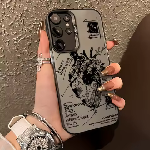 Aesthetic Sketch Heart Pattern Case For Samsung Galaxy S25 S24 Ultra S23 S22 S21 Plus FE A56 A55 A53 A35 A33 A15 A26 A52 Cover