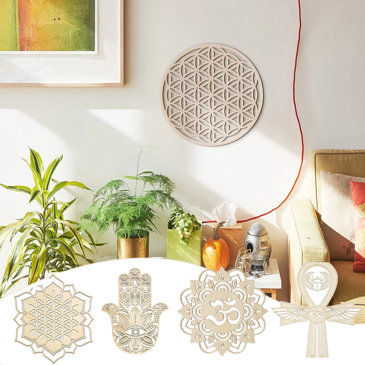 

Boho Chic Wood Coasters Flower of Life Engraved Round Edge Circles Natural Wooden Table Protectors for Wall Art Home Decor