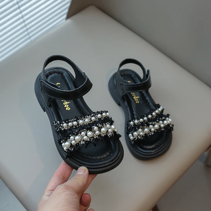 Girls Princess Sandals Chic for Wedding Party Pearls Beads Classic 2024 Summer New Kids Rubber Sandals Open Toes Soft Anti-skid