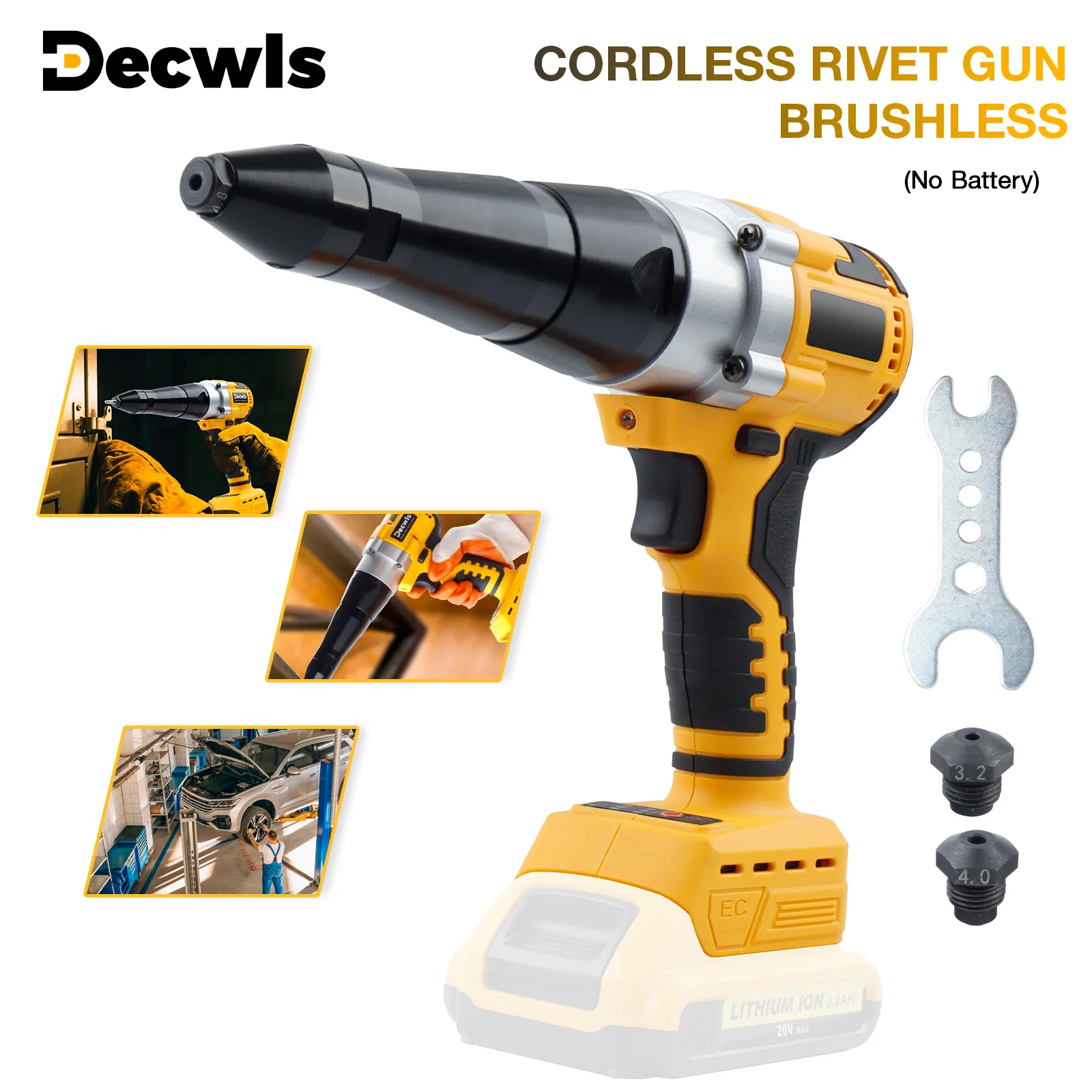 3.2MM/4.0MM/4.8MM ブラシレス電動リベットガン、コードレス家庭用リベットツール、省力挿入自動リベットナットツール、LEDライト付き、Dewalt 20Vバッテリー用(バッテリーなし)