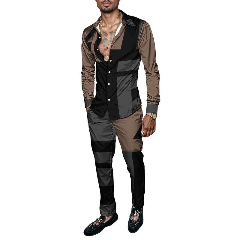 

2026 Summer Men Shirt Set Geometry Print Fashion Simple 2 Piece Set Mens Gradient Lightweight Party Long Sleeves Suit Casual