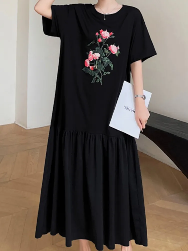 فستان نسائي كوري جديد صيفي كبير الحجم من فيستدوس رداء Elbise فضفاض مرقع هيم طباعة كم قصير فستان طويل فيستدوس