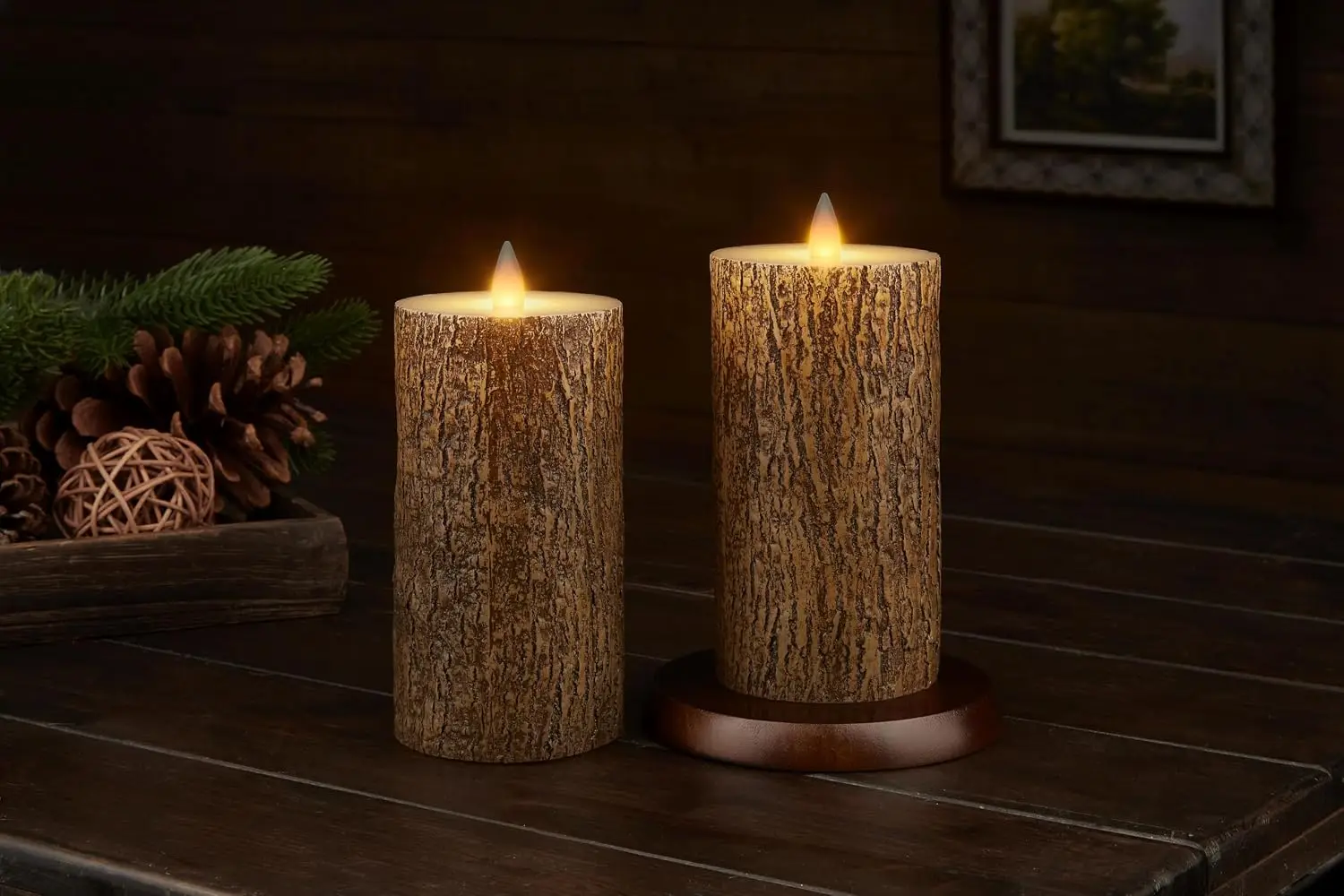 Rechargeable Flameless Wax Pillar Candle Remote Timer Moving Flame Bark Brown Decor