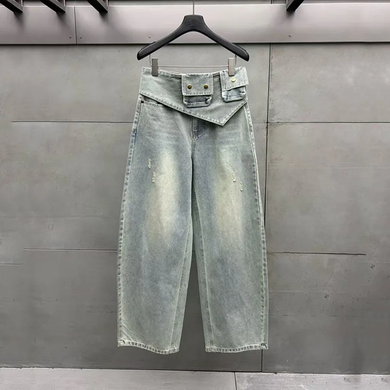

Women's Washed Bleach-Washed Waistband Wide-Leg Pants, Straight Leg, 2026, Spring, Y2K, Denim Pants with Attached Waist Bag