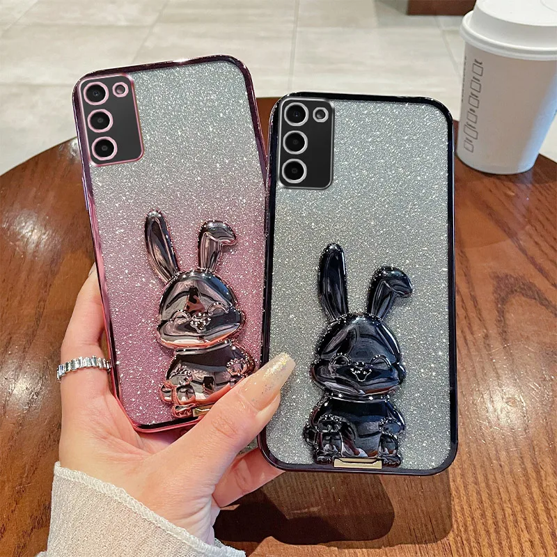 Glitter Rabbit luggage bracket Plating Phone Holder Case for Samsung Galaxy A02 A02S A03 A03S A04 A04E A05 A05S Back Cover