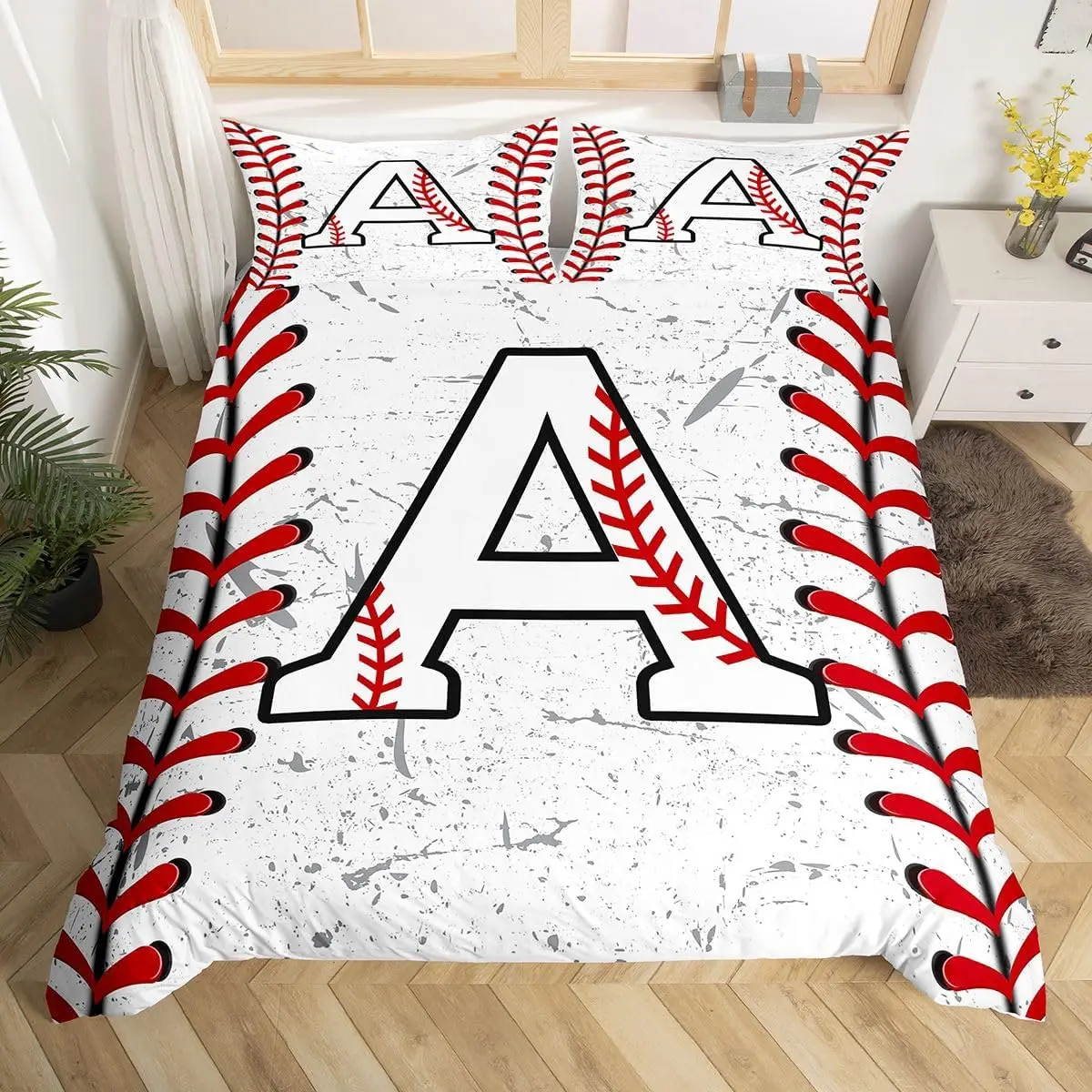 Baseball Duvet Cover Queen Twin White Marble Print Bedding Set Ball Game Grunge Comforter Cover for Adult Teen Letter Bedclothes