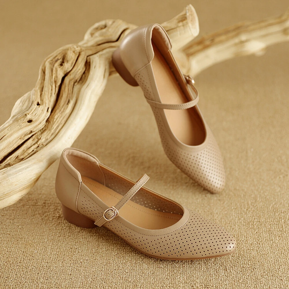 Pointed thick heel shoes for women's spring and autumn new shallow cut leather hollow breathable shoes