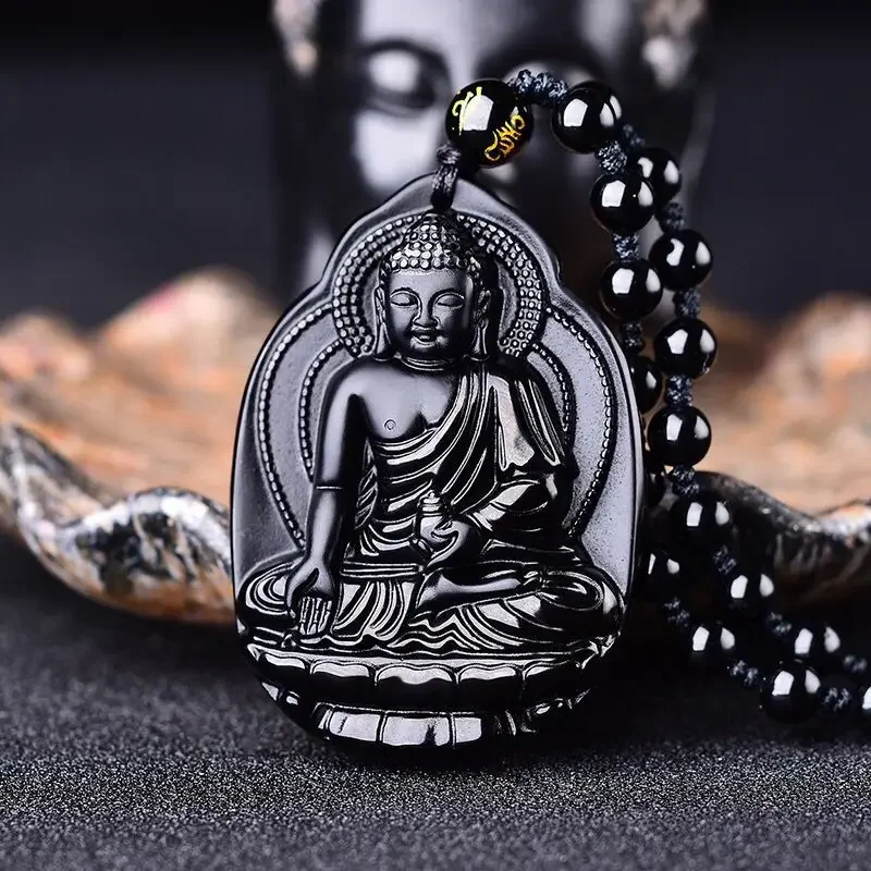 

Natural Obsidian Hand Carved Pharmacist Buddha Jade Pendant Fashion Jewelry Men's and Women's Guanyin Bodhisattva Necklace Gift