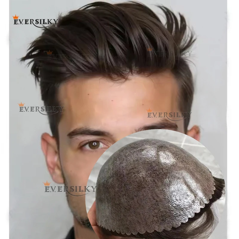 

Undetectable Dark Brown Jet Black Human Hair Prosthesi Capillary System 130%Density Super Wavy Men Silicon Toupee Poly Skin Basa