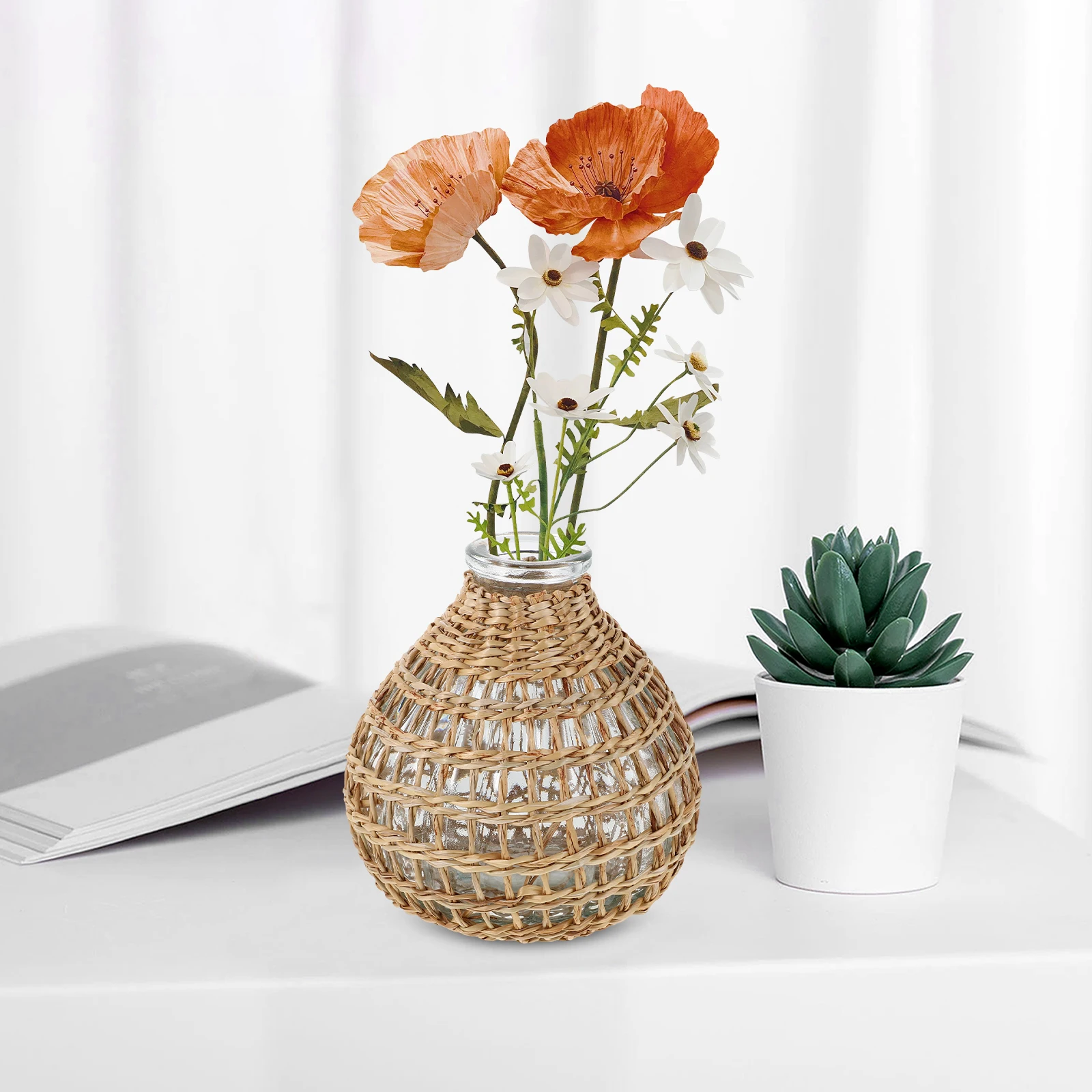 

1pc Handmade Woven Aroma Bottle Decorative Glass Grass Flower Arrangement Holder Home Table Adorn Desktop Incense Bottle