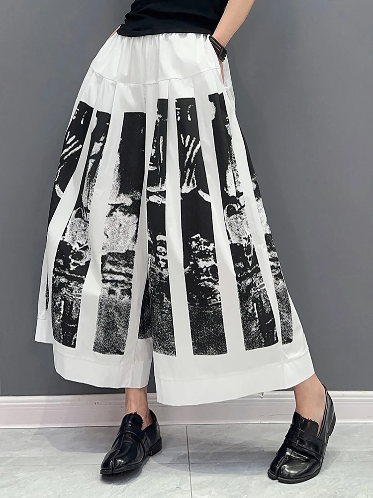 [EAM] High Elastic Waist Black Printed Pleated Long Wide Leg Pants New Trousers Women Fashion Tide Spring Autumn 2024 1DF6290