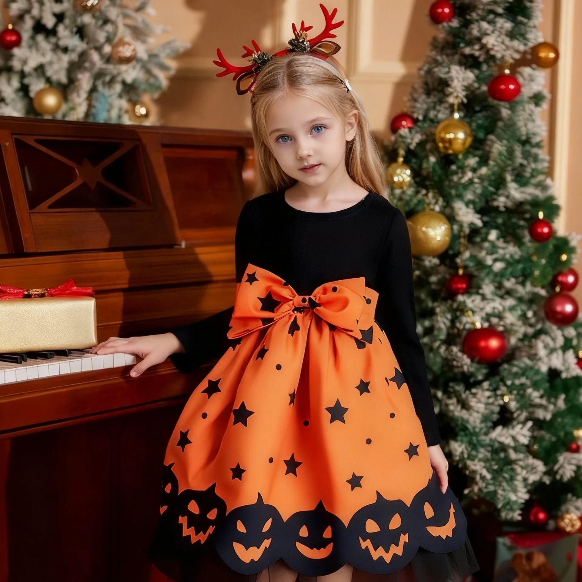 Girls Dress 2025 Autumn Winter Halloween Pumpkin Print Dress Girls Children's Costume Fashion Casual