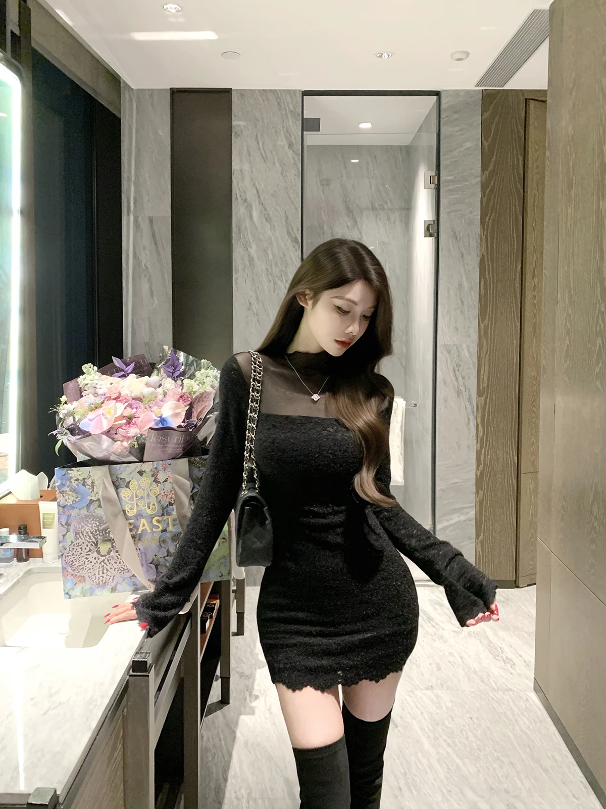 

JustQin Pure Desire Вязаное платье с кружевной отделкой Сексуальное женское платье с высокой талией Long Sve H-ape Ci Подходит для тепла и зимы D...