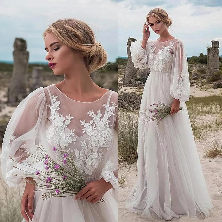 

Fabulous Tulle Jewel Neck A-line Wedding Dress 2023 Lace Appliques Long Puffy Sleeves Bridal Gowns Boho Vestidos De Noiva