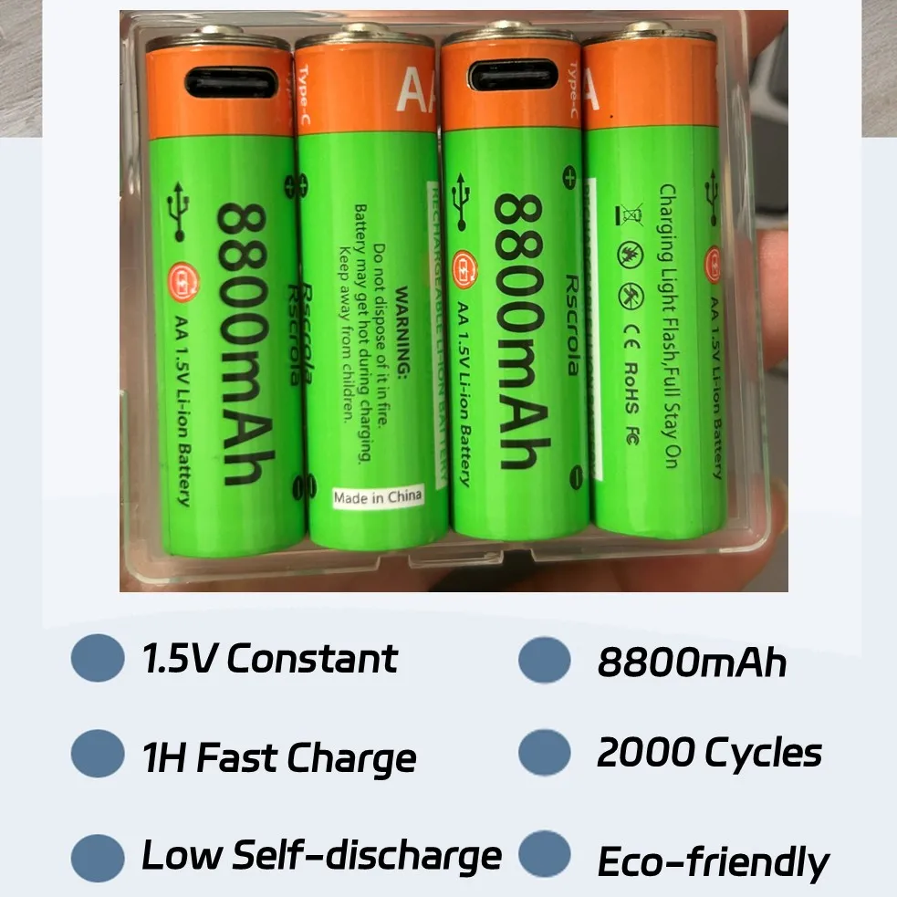 High Capacity AA Rechargeable Batteries 1.5V 8800mAh Long-Lasting Type-C Charge Battery for Toys, Controllers, Flashlight, Clock