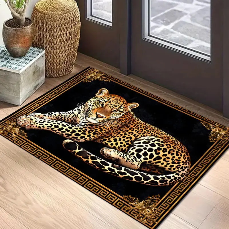 VIKAMA Leopard Print Door Mat Gold Animal Border Design Non Slip Soft Washable Entrance Rug for Front Door Home Decor