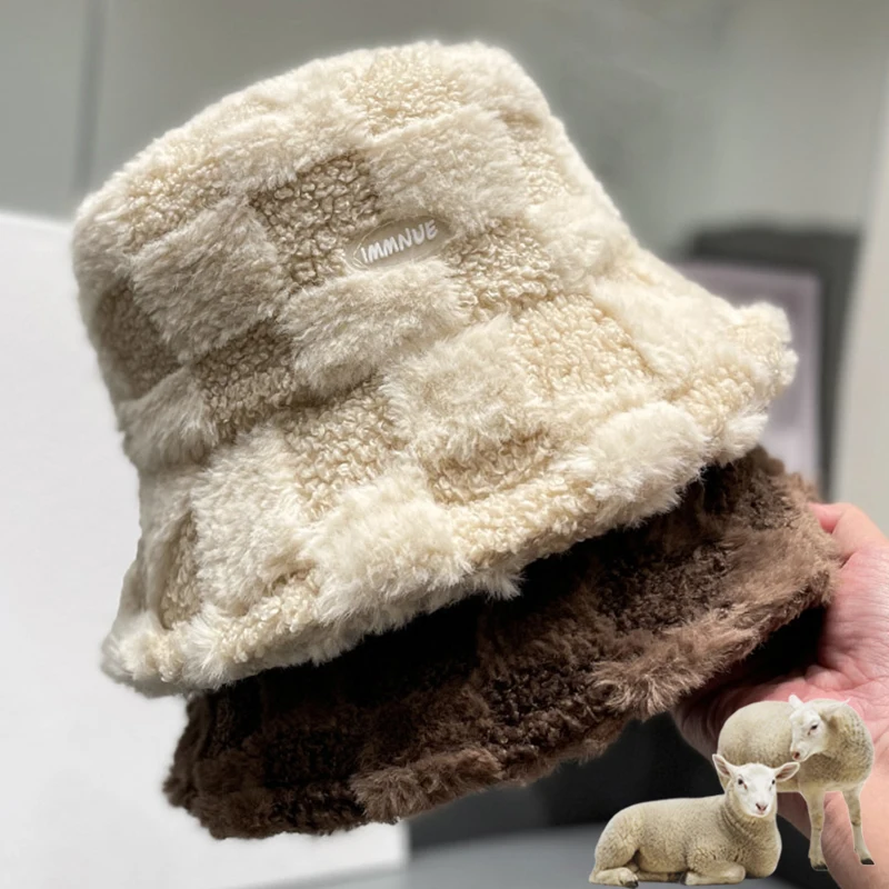 

Fashion Lambswool Bucket Hat Women Grid Lamb Wool Faux Fur Fisherman Hats Girls Outdoor Winter Warm Bowl Cap Buckets Sun Caps