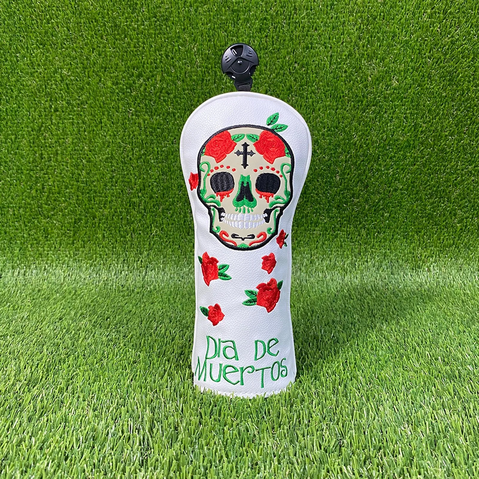 Skull Flower Embroidery Golf Headcover Elastic Bands Water Resistant PU Leather Club Head Cover for Drivers Fairway UT