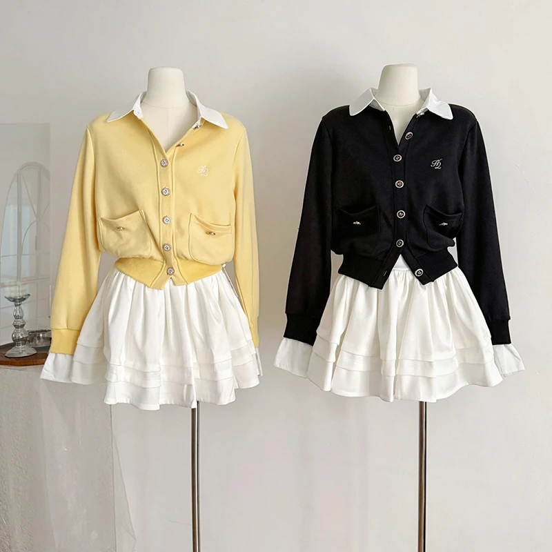 

Pure Cotton Two Piece Sets Women Chic Button Patchwork Casual Cropped Knit Cardigan High Waist Sweet Preppy Cute Mini Cake Skirt