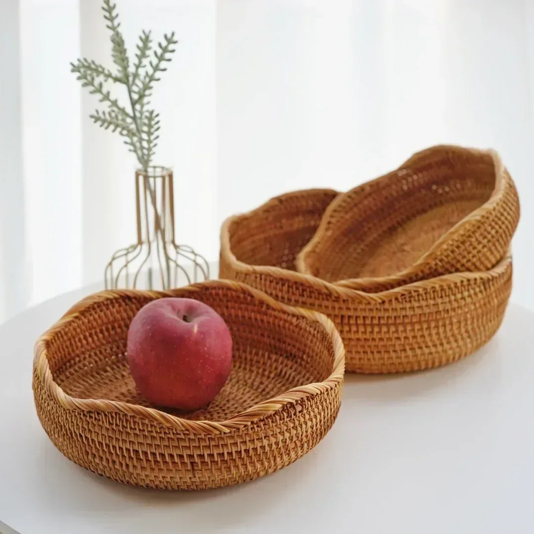 Round Rattan Fruit Basket, Wicker Woven Snack Tray, ,Bread Food Organizer, Kitchen Storage, Home Decoration