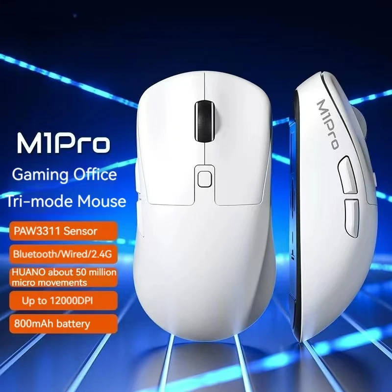 Lightweight Ergonomic Gaming Mouse, M1 Pro, Wireless, Bluetooth, 3 Mode for FPS, LOL, 800mA Long Life, PAW3311, 12000DPI, 2.4g