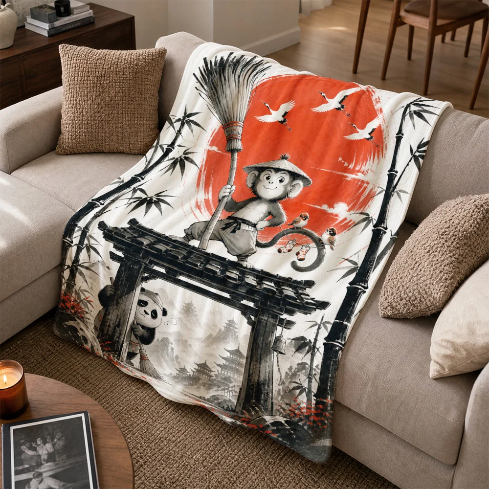 Decorative Panda Asian Art Throw Blanket for Sofa Couch Home Decor Oriental Style Bamboo Chinese Design Cozy Warming Napkin Gift