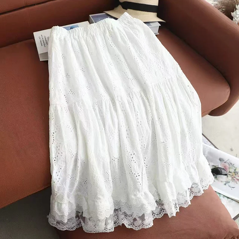 New Summer Floral Embroidery Hollow Out Skirt Women Clothing Lace Patchwork A-Line Beige White Color Sweet Female Skirts U054