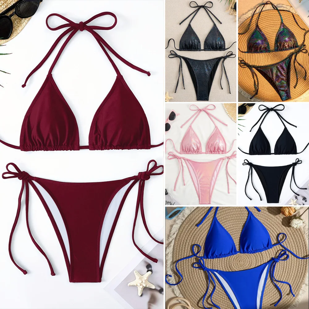 Solid Color Bikini Swimsuit Strap-up Sexy High-elastic Swimsuit Women's Detachable Chest Pad Quick-drying Breathable Swimwear