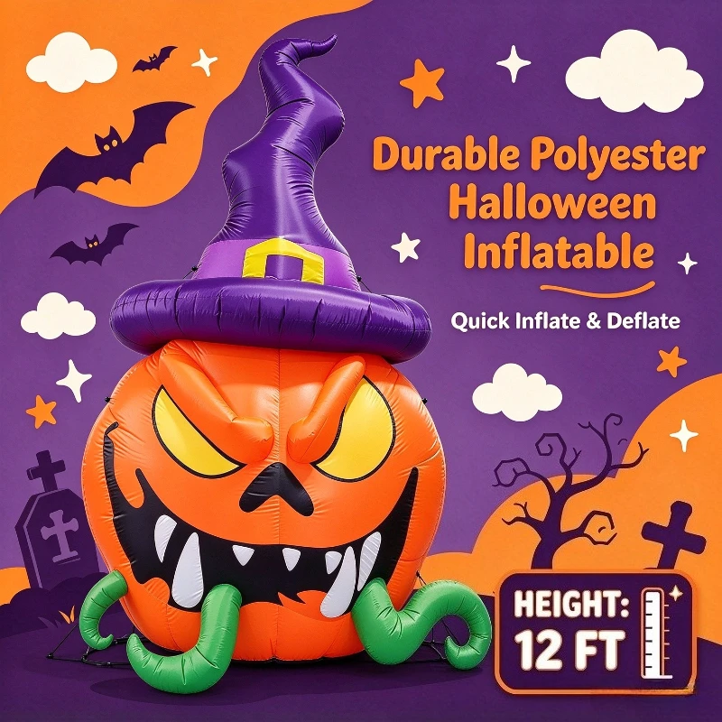12FT Halloween Inflatable Pumpkin with Witch Hat, Horror Yard Decoration for Party Masquerade Holiday Events
