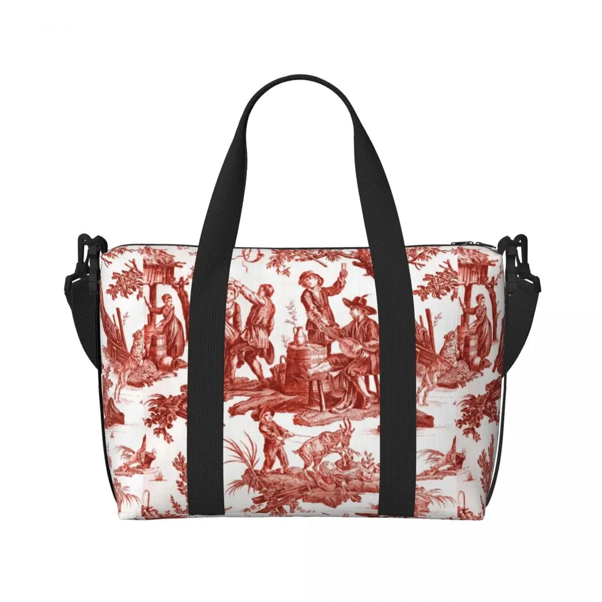 مخصص الأحمر والأبيض تويلي دي جوي البقالة حقيبة تسوق حقائب النساء سعة كبيرة الزخارف الفرنسية الأزهار شاطئ رياضة حقائب السفر