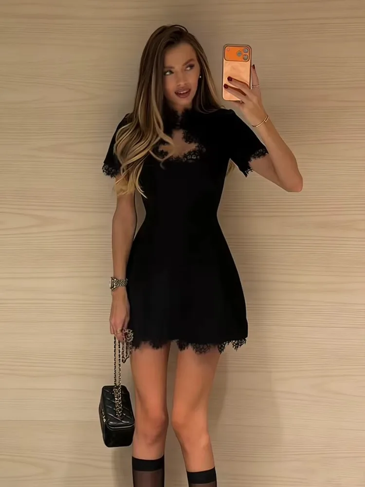 Tossy Black Lace Hollow Out Mini Dress Female Patchwork Short Sleeve Sexy High Waist Party Dress Women's Casual Printed Dress