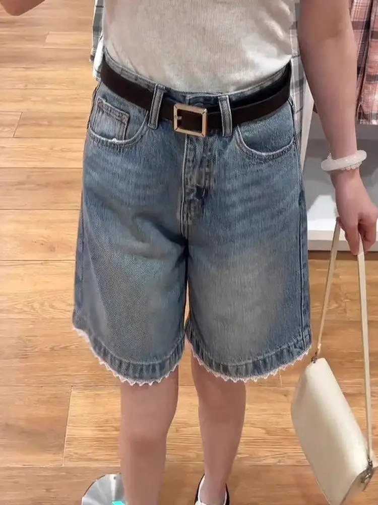 Women Denim Shorts Vintage High Waist Lace Trim Casual Hot Pants Summer Gradient Wide Leg Loose Shorts with Pockets