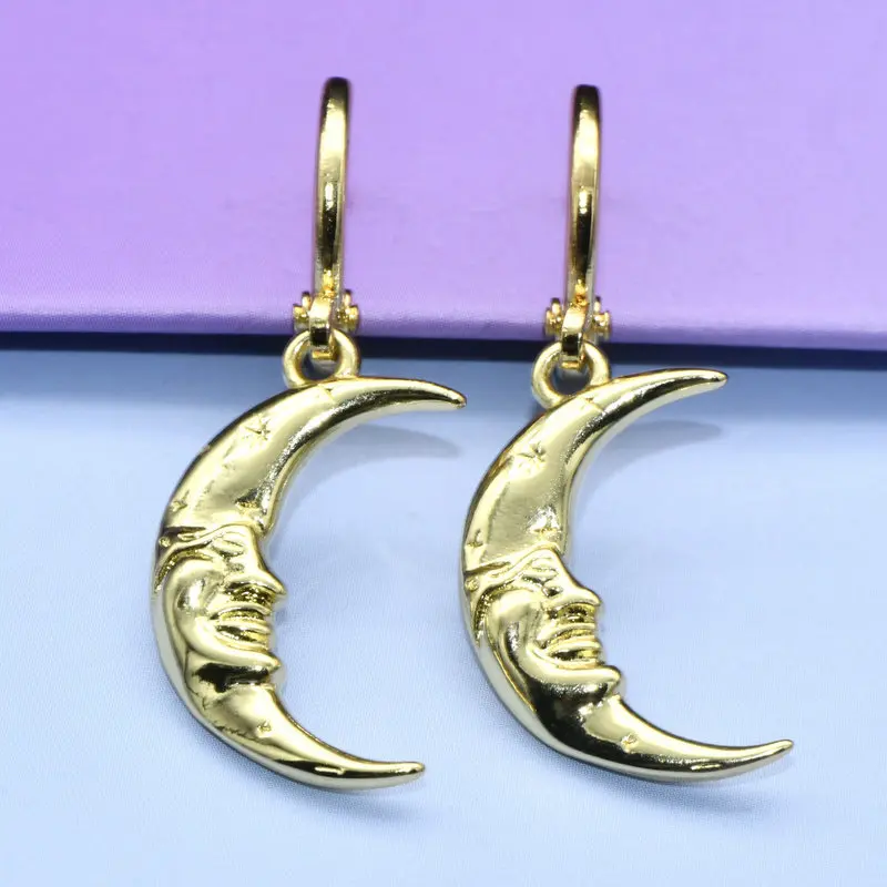 Unique Design Gold Plated Copper  Moon Star Faces Pendant Dangle Clip On Hoop Earrings for Women