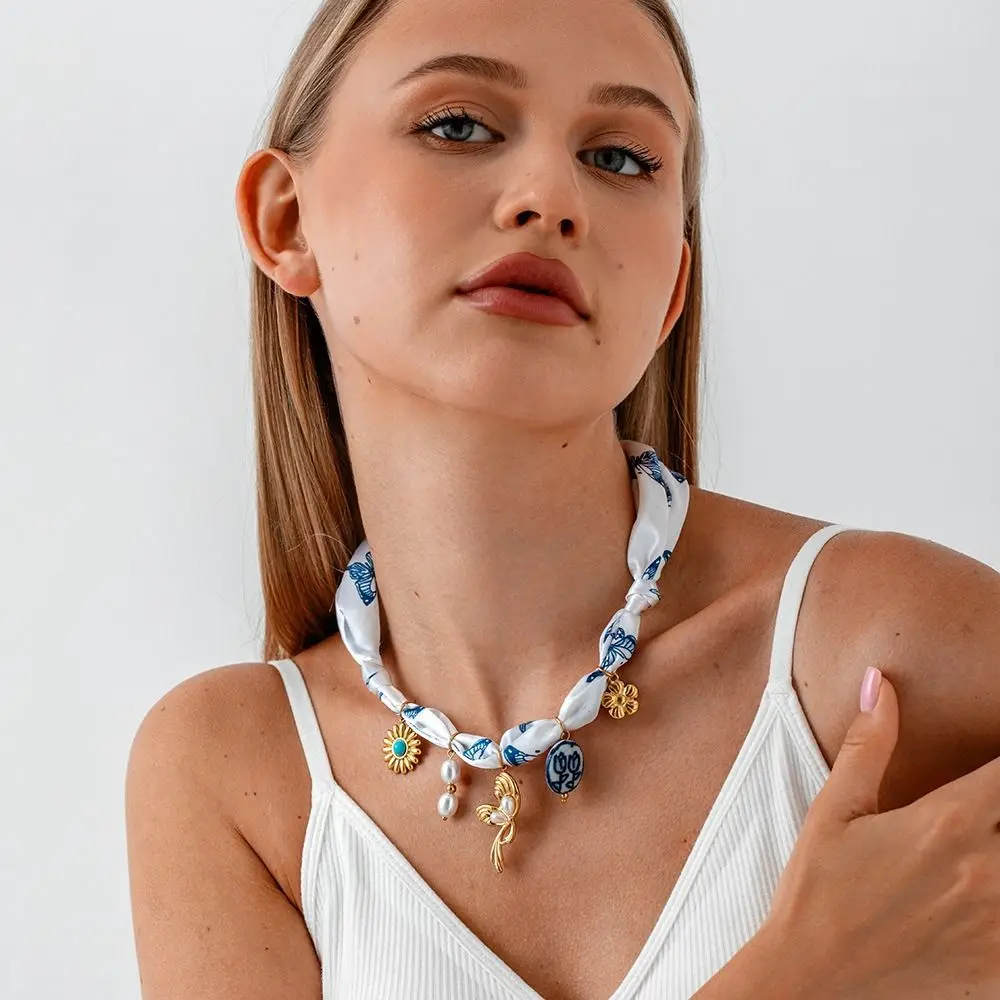 

Starfish Beach Ocean Series Necklace Shell Pearl Cloth Wrap Scarf Chain Necklace Jewelry Accessories Flower Dopamine Necklace