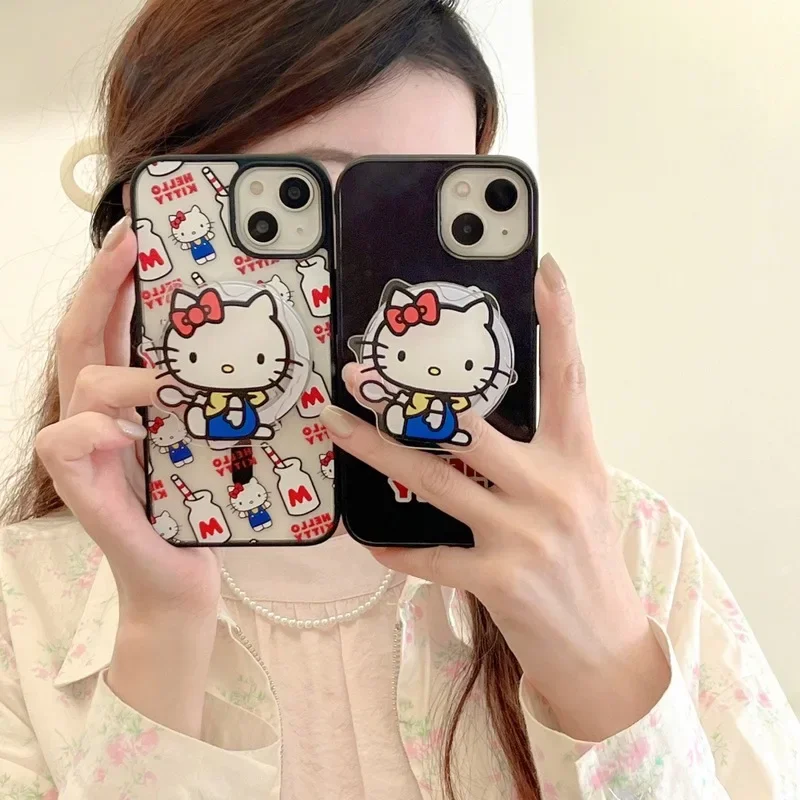 Cute Sanrio Hello Kitty Magnetic Bracket Magsafe Wireless Charge Phone Case For iPhone 15 14 13 12 11 Pro Max Clear Hard Cover