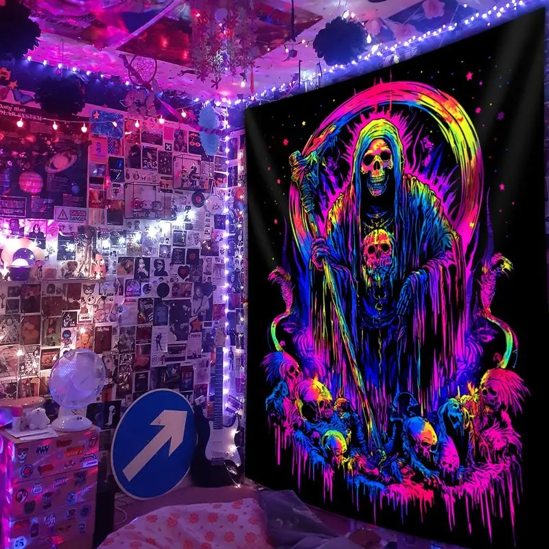VIKAMA Rainbow Sickle Death Reaper Skeleton Splashing Ink Tapestry, Dark Gothic Wall Hanging for Bedroom Decor