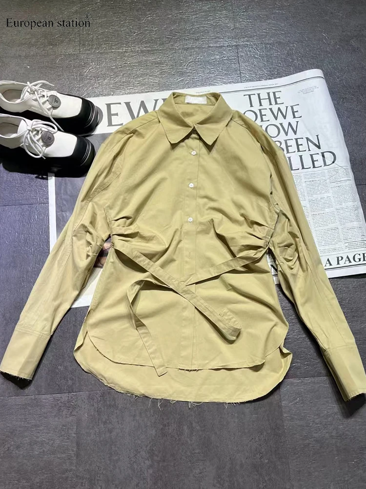 

Designer's retro solid color lapel pull-up lace-up waist shirt 2024 autumn women's new fashion all-match straight down shirt