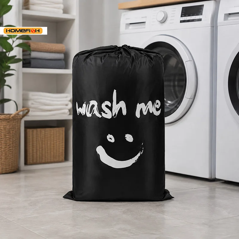 HOMEFISH Smiley-Print Wäschesack mit Kordelzug, Aufbewahrungsbeutel für Schmutzwäsche für Reisen und Zuhause – Detail 6