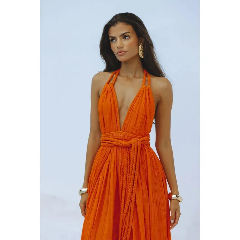 Sexy Summer Women Beach Smock Dress Elegant Y2K Strap V Neck Backless Lace Up Bandage Vacation Holiday Loose Long Dress Sundress