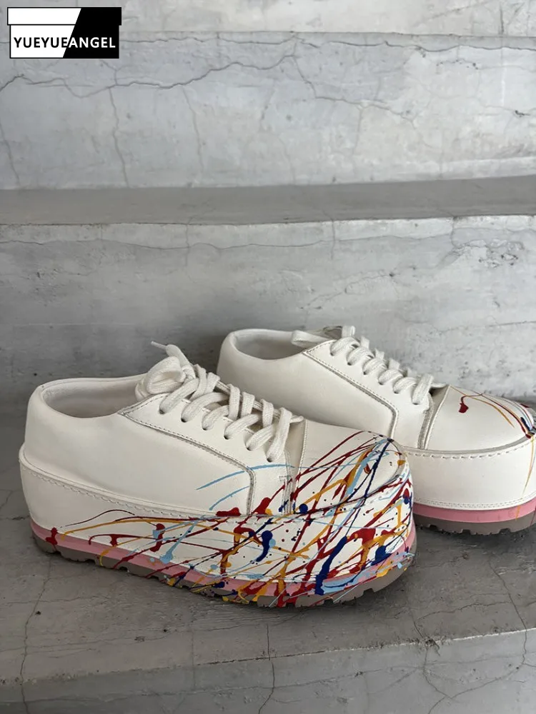 Women Lace-Up Cowhide Pumps Shoes Round Toe Graffiti Thick Soled Footwear Fashion Casual Real Leather Lovers Shoes Hot Sale