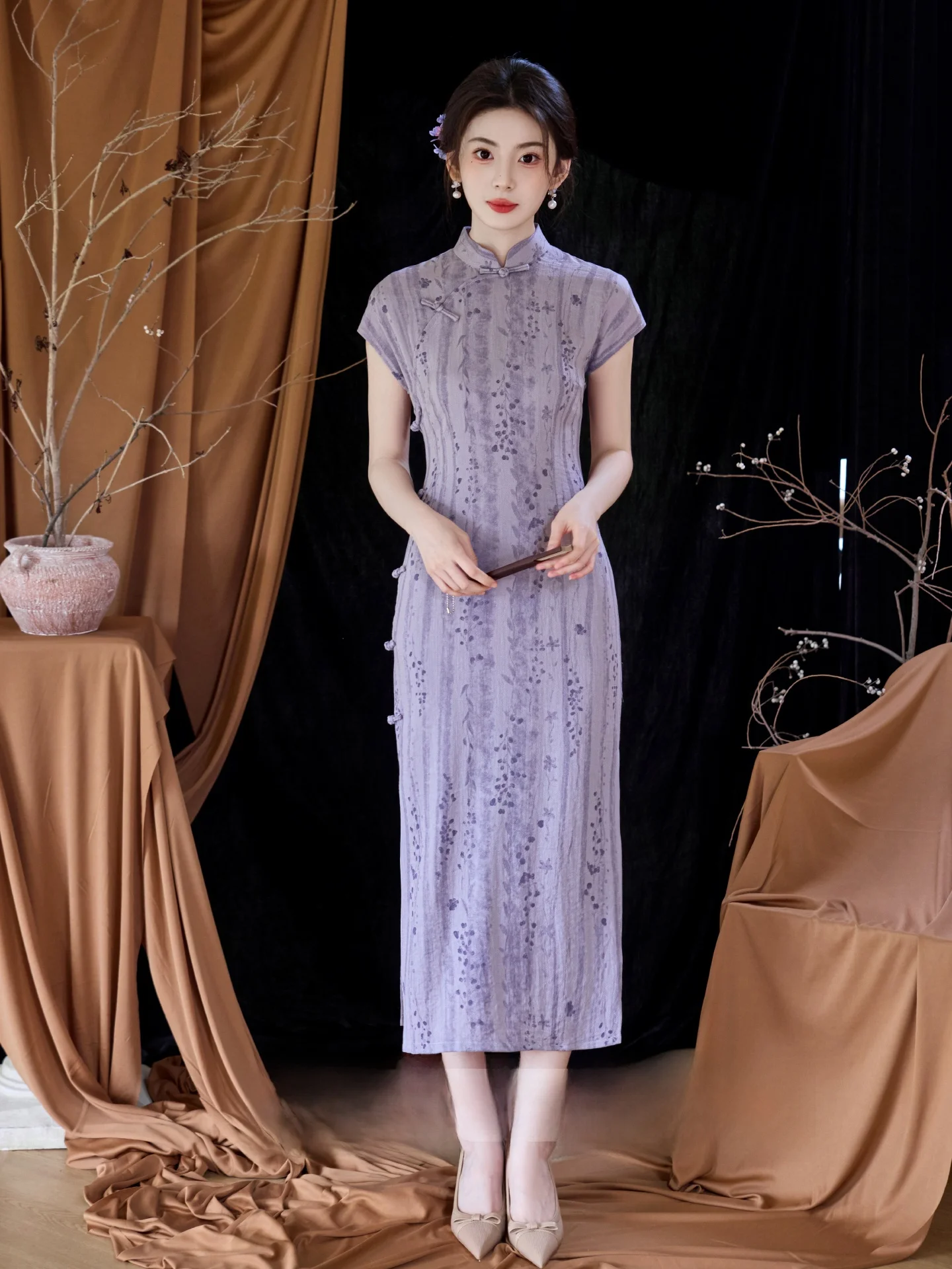 

Young Girl's Purple Ele Chinese Sle Long Dr Breathable Daily Wear Floral Pattern ort Sve Long Qun