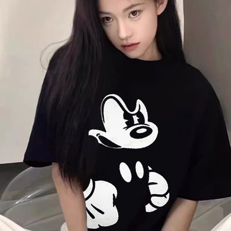 Cute Cartoon Mickey Mouse Tshirt Kawaii Retro Anime Loose Simple Oversize Cotton Coupleshort Sleeved Tshirt Toys for Girl Gifts