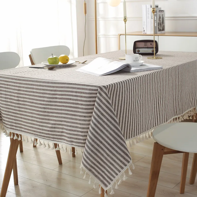 CFen A\'s Quality Dining Tablecloth Rectangle Cotton Linen Stripe Print Table Cloth Tassels Home Kitchen Banquet Table Cover 1pc