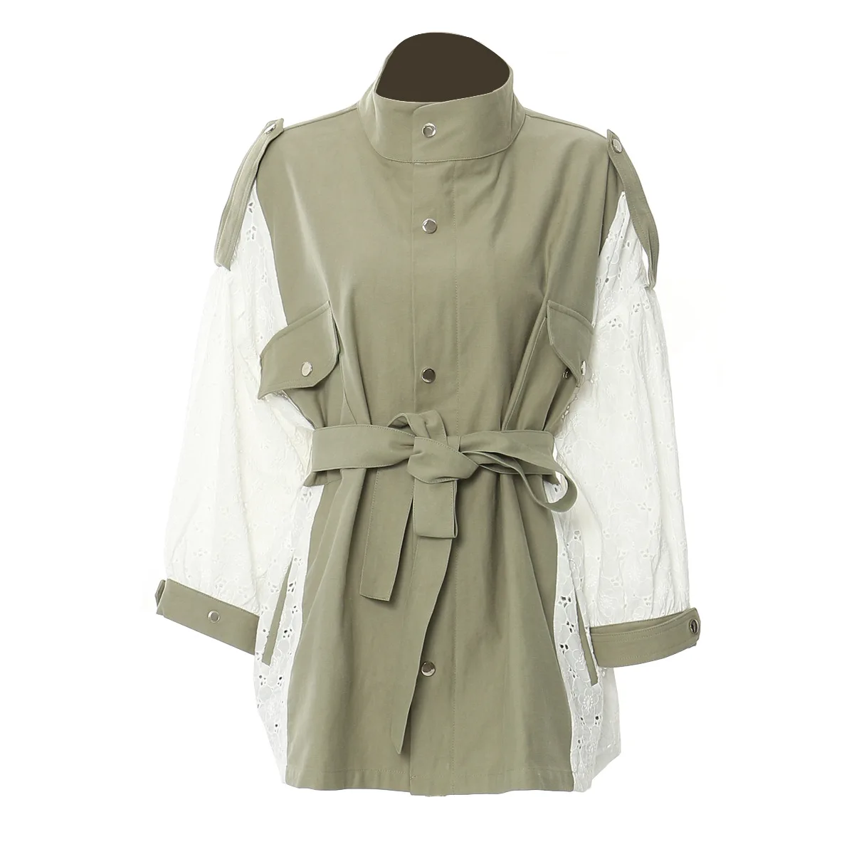 

Chic Women's Spring Mid-Length Trench Coat Lace-Spliced and Washed Jacket with Belt and Pockets Loose Fit